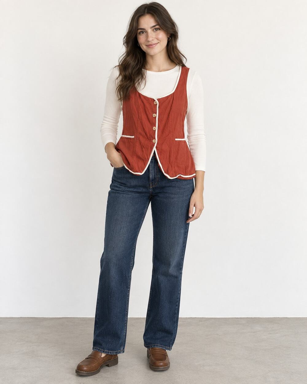 Bagatelle Collection Linen Rayon Vest Women L Rust Button Front Tie Back